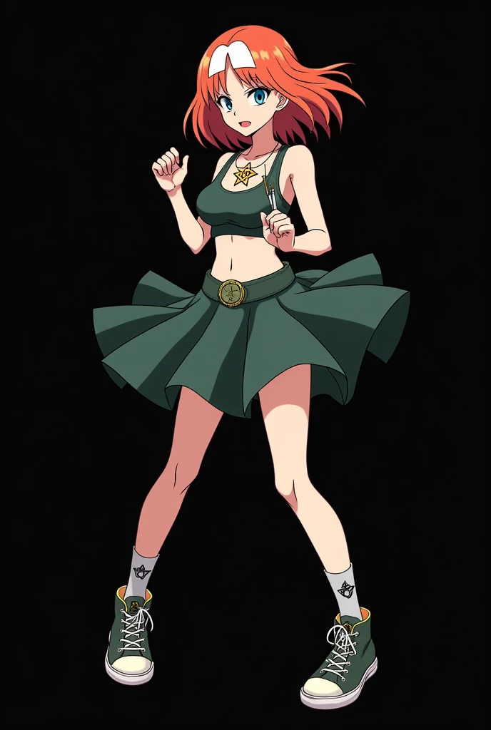 A full body image of an 1 girl named Hana Watanabe, personagem do anime "dragonball z", she is very beautiful, with medium length straight fire-colored hair with two white highlights in the front, framing your face. She has blue-green eyes and pale skin.. she is a Wiccan, she is in fighting pose. she wears a pentagram necklace, croped, glued skirt, beautiful women&#39;s high-top shoes and ¾-long socks, she holds a nail hammer and nails. It is drawn with Akira Toryama&#39;s animation. black backdrop.