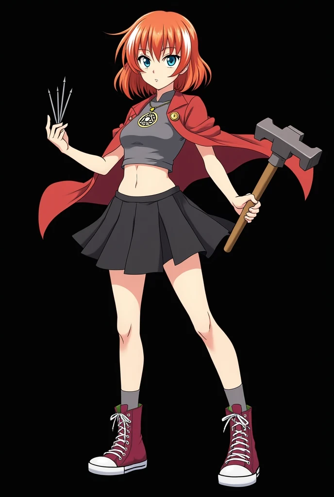 A full body image of an 1 girl named Hana Watanabe, personagem do anime "dragonball z", she is very beautiful, with medium length straight fire-colored hair with two white highlights in the front, framing your face. She has blue-green eyes and pale skin.. she is a Wiccan, she is in fighting pose. she wears a pentagram necklace, croped, glued skirt, beautiful women's high-top shoes and ¾-long socks, she holds a nail hammer and nails. It is drawn with Akira Toryama's animation. black backdrop.