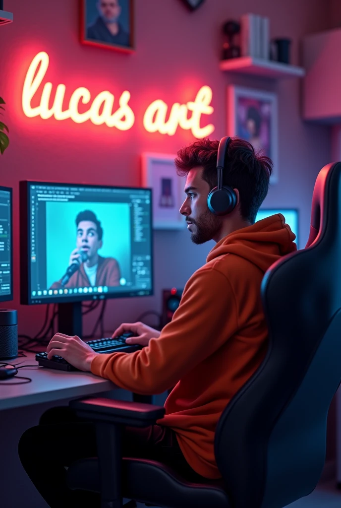 Filme poster, Create a realistic 3D image of a man sitting in a gaming room on a gaming chair and playing in the photoshop application on your pc. The boy should be wearing a dark orange hoodie and headphones and his name "Lucas Artt" is written on the wall with orange neon light.