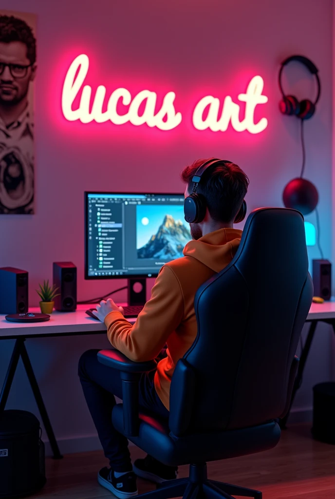 Filme poster, Create a realistic 3D image of a man sitting in a gaming room on a gaming chair and playing in the photoshop application on your pc. The boy should be wearing a dark orange hoodie and headphones and his name "Lucas Artt" is written on the wall with orange neon light.