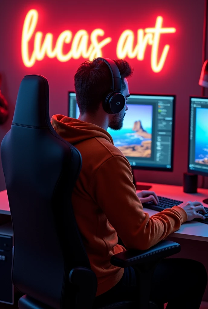 Filme poster, Create a realistic 3D image of a man sitting in a gaming room on a gaming chair and playing in the photoshop application on your pc. The boy should be wearing a dark orange hoodie and headphones and his name "Lucas Artt" is written on the wall with orange neon light.