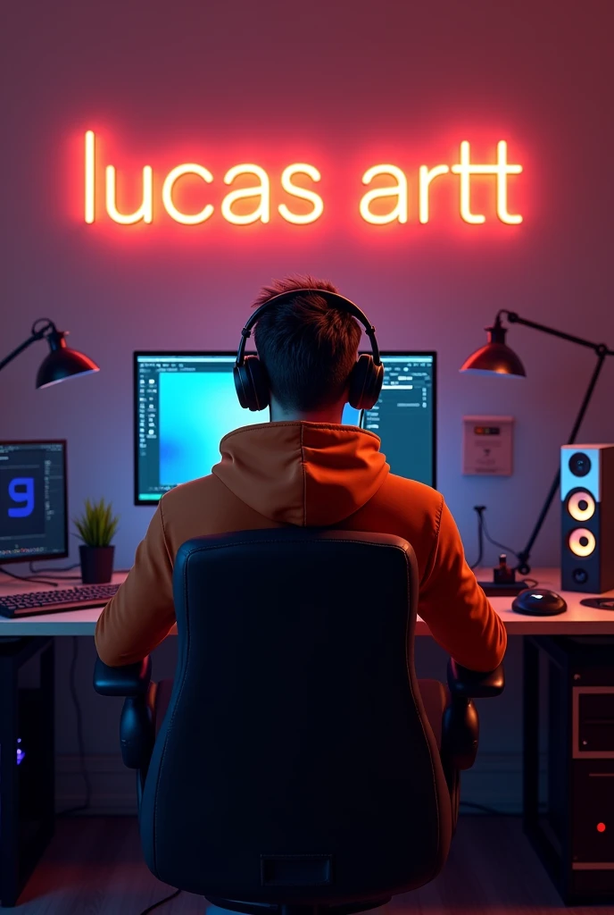 Filme poster, Create a realistic 3D image of a man sitting in a gaming room on a gaming chair and playing in the photoshop application on your pc. The boy should be wearing a dark orange hoodie and headphones and his name "Lucas Artt" is written on the wall with orange neon light.