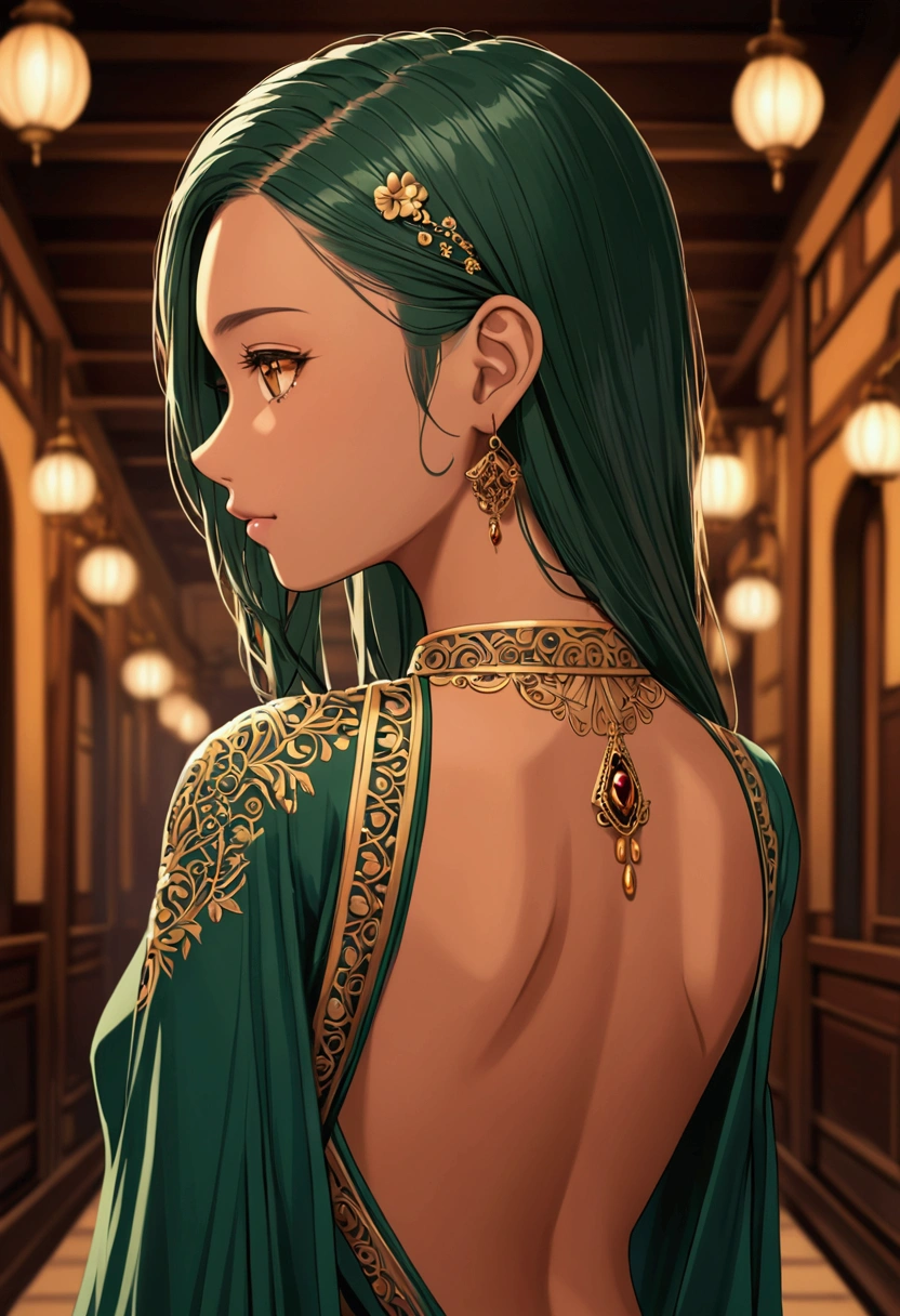 Tan skin Girl Back view
dark green long hair with sideshave undercut middle parting amber eyes