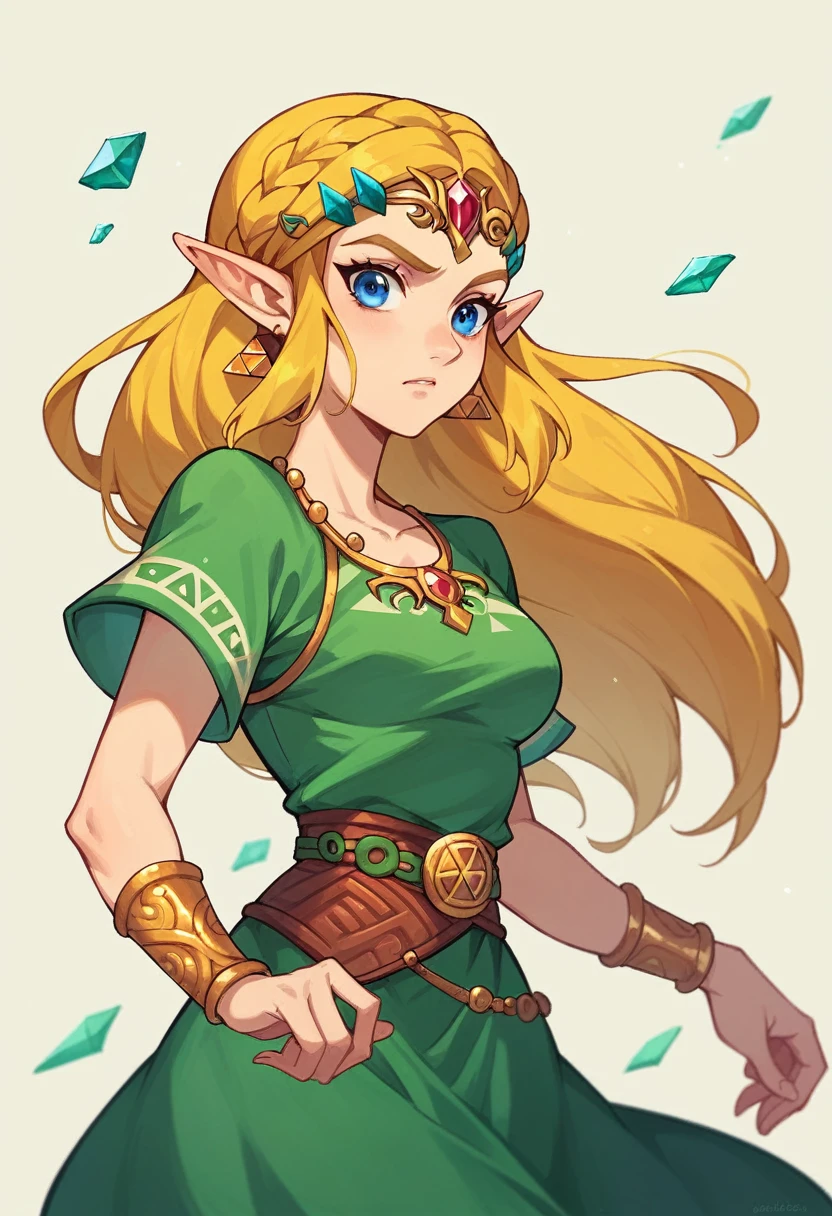(masterpiece, best quality:1.1), 1girl, solo, (flat color:1.1), (zelda:1.1), from disney's brave, emerald and gold, Straight blonde hair, medium breasts,ñ, long green dress, blue eyes, (simple background:0.3), (solid circle eyes:0.7)