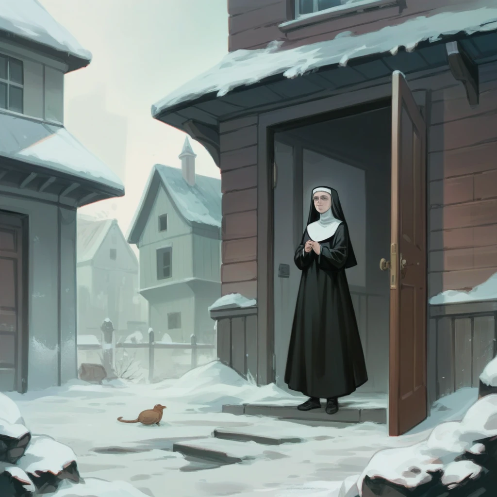 Russian nun with a cold and expressionless look, outside a house with the door open