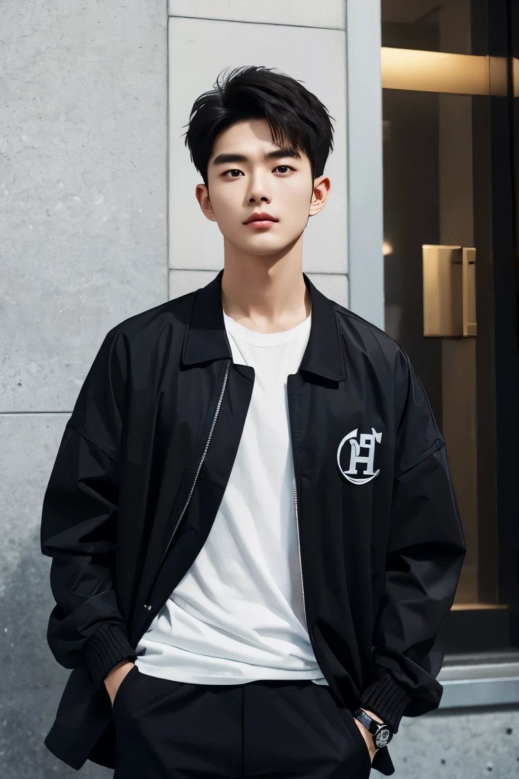 masterpiece, Best quality, realistic, a handsome Thai-Korean guy, aged 20-25, wearing a trendy fashion black color jacket over a plain white T-shirt. The jacket should be stylish and modern, complementing the casual yet fashionable look of the outfit, wearing a prominently visible wristwatch.  The wristwatch adds a touch of sophistication to his overall look,