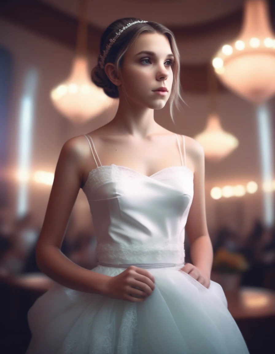 MillieBobbyBrown,perfect anime illustration, 1girl, braided hair, medium hair, medium breasts, sidehair, a bride ,standing in a wedding hall, hand on hip, good posture, looking at viewer. created by Artgerm, volumetric lighting, 8k, hdr, holga, 300mm lens f3. 5, aesthetic, unsharpened