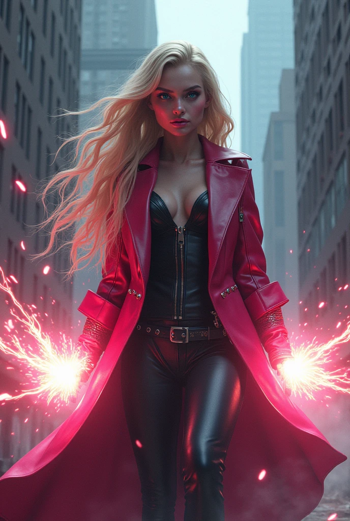 Full body image of an Evil age girl with immense power. Blonde hair and blue eyes, long legs, and glossy pink lips curled into a sadistic smile as she devastates Detroit with overwhelming energy blasts.