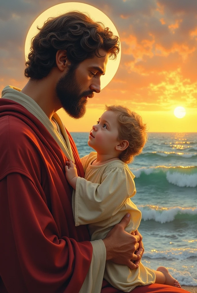 Bookmark of Saint Joseph holding Jesus in his arms, from beside, the sea with sunset
