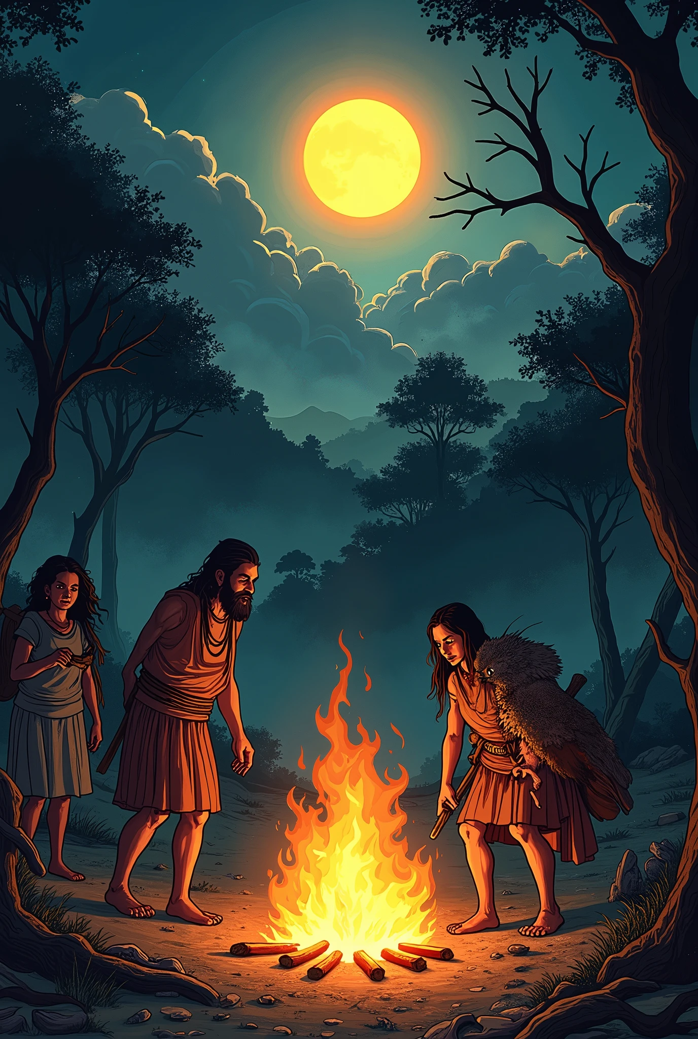 make a comic strip with this information.
At the top of the page: Show the Earth at the beginning of time, with a dark and cold landscape. No sunshine, moon or stars, the environment should look dark and desolate.
At the center: Place a small Karajá house with a weak brazier. Draw Cananxiuê on the net, looking lazy, while his wife and other tribe members stand around with worried expressions.
Show the difficulty of searching for firewood To the left of the house: Draw Cananxiuê's father-in-law looking for firewood in the dark and dangerous forest. Show him getting hurt to illustrate the danger and tiring nature of the task..
Illustrate Cananxiuê's decision At the bottom of the page: Show Cananxiuê planning his journey to find the light. He must have an expression of determination and no weapons., just with the intention of using his cleverness.
The capture of Ranranresá In the middle of the page: Draw Cananxiuê pretending to be dead, with the king vulture Ranranresá approaching curiously. Show Ranranresá looking surprised as Cananxiuê grabs and holds him.
Cananxiuê's desire and the delivery of light On the right of the page: Show Cananxiuê receiving the light of the stars, of the moon and, Finally, of the sun. The sun must be being delivered in an accelerated and agitated way by Ranranresá, who is visibly irritated.
Cananxiuê controls the sun At the top: Draw Cananxiuê climbing a palm tree and holding the sun. Show the sun with a slower and more regular path, illuminating the Earth and bringing light and warmth to the Karajá home. Place the moon and stars in the night sky, reflecting the continuity of the cycle.
Show the impact on the lives of the Karajá At the end of the page: Ilustre os Karajá realizando suas atividades diárias sob a luz of the sun, with expressions of relief and satisfaction. Assign a more lively and prosperous environment to represent the improvement brought by light.