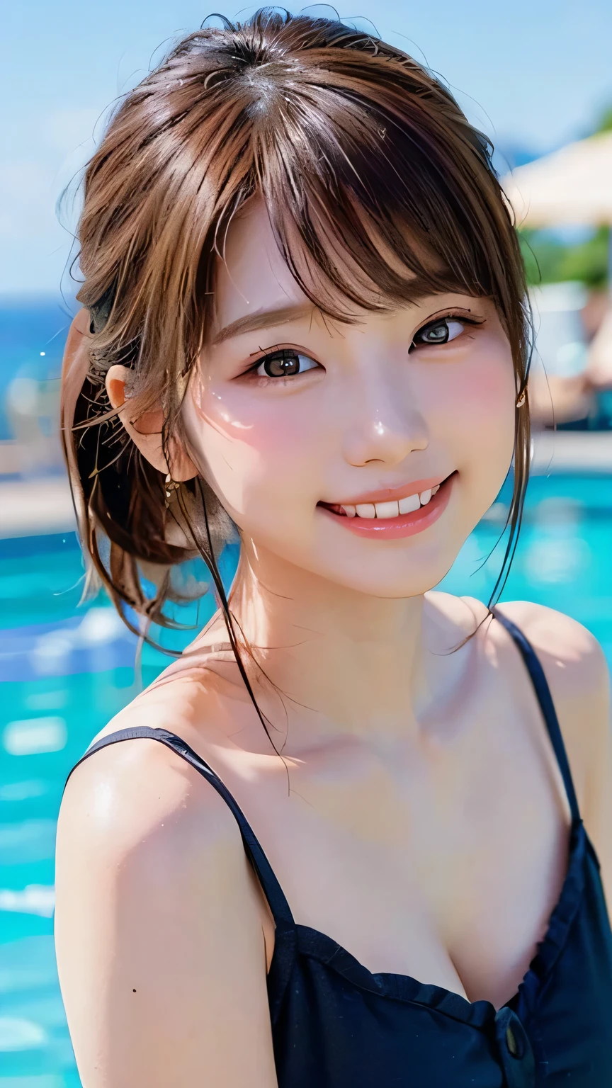 (Highest quality, DSLR shot, 8k, highest quality, high resolution, highest quality, highest resolution, very beautiful woman, perfect anatomy), bright brown eyes, very bright brown eyes, small diamond-shaped earrings, looking directly at the camera, beautiful brown hair, ((youthful face, loose and cute medium ponytail)), very short and beautiful bangs in brown hair, E-cup , very beautiful 20-year-old, lip gloss, very happy smile, very cute smile, upper teeth, beautiful teeth, (random summer beautiful ocean or pool horizon (background only)), slightly larger eyes, small face, tall supermodel, beautifully shaped model, random cute poses, dynamic angle, eye focus, head tilt, very detailed and realistic, very beautiful 20-year-old, ((medium shot)), sharp jawline, ((setup coordination outfit)), deep waist curve, sexy le side view, very happily smiling, laughing, summer daytime.
