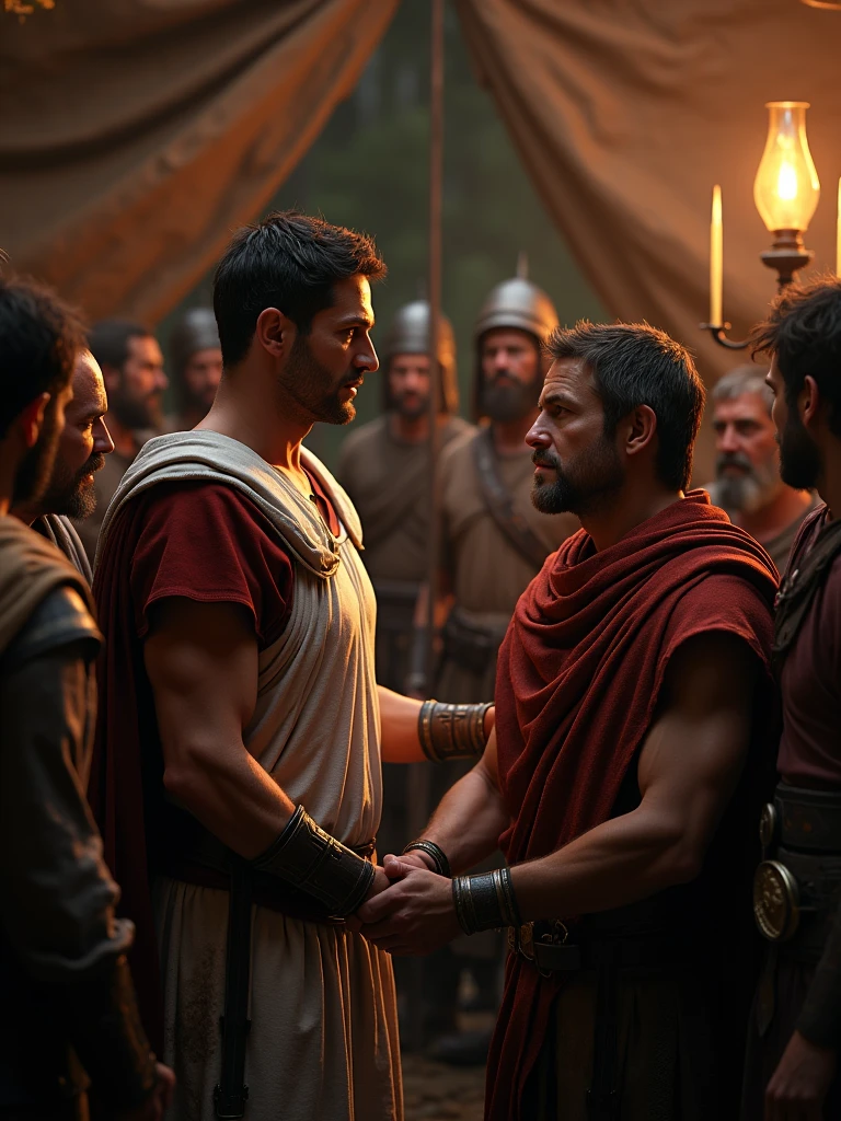 Julius Caesar, meeting with a Gallic chieftain in secret, with a shrewd expression, ancient Roman era, in Roman general attire, inside a dimly lit tent, Caesar shaking hands with the chieftain while other Gallic leaders look on suspiciously, the interior of the tent with shadows cast by a flickering oil lamp, medium shot, hyper-realistic, photo realism, cinematography -- ar 9:16