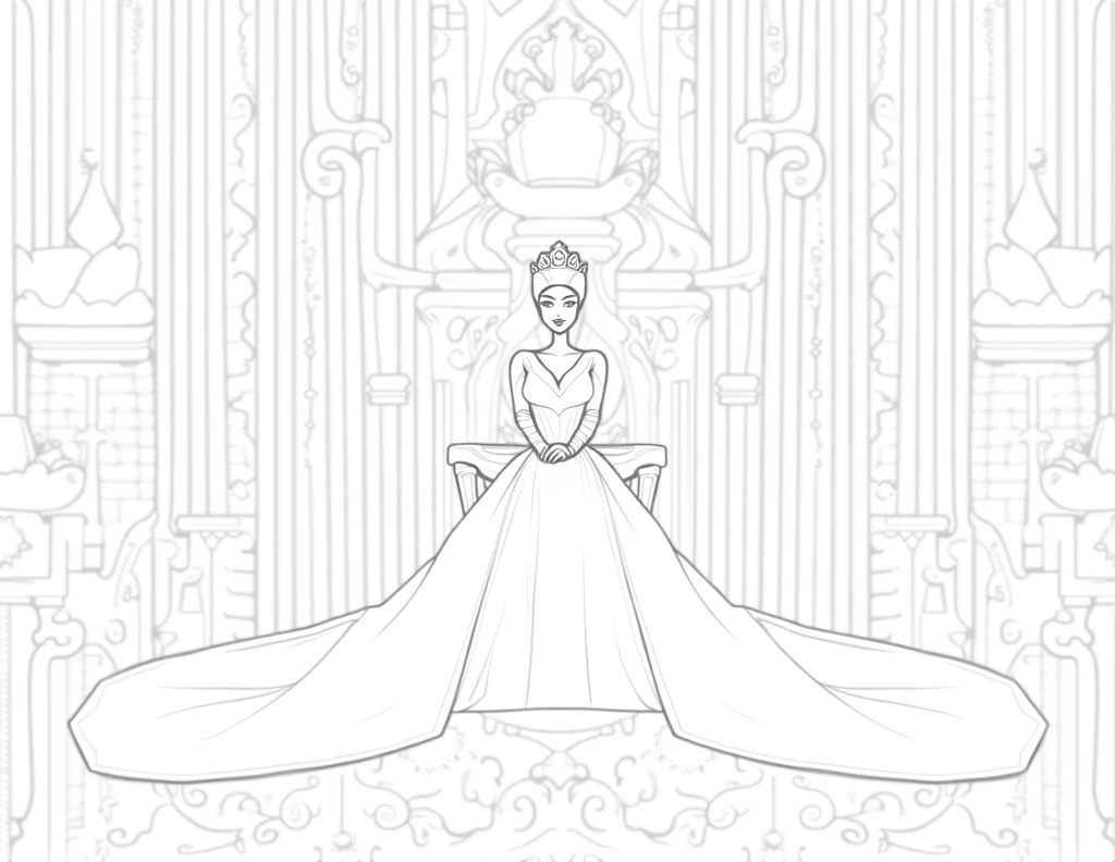 make it coloring book
create black and white beautiful queen sitting in the Palace
