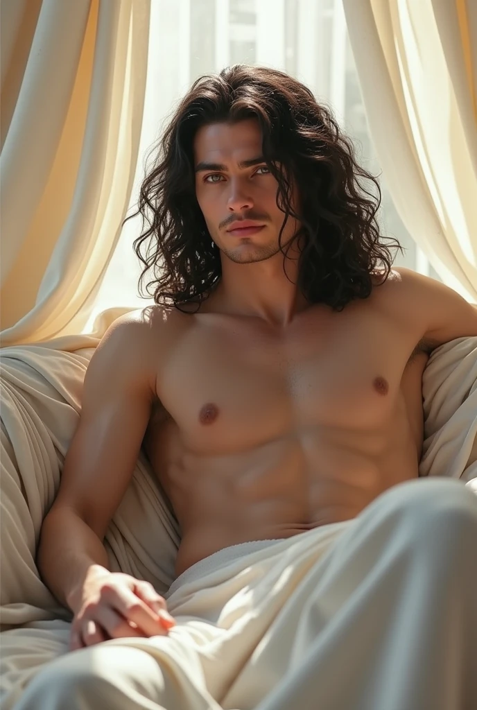 A Handsome Hot naked Aesthetic Targaryen Prince with long curly black hair , pale lilac purple eyes.Sitting on a royal white sofa White Shawls and clothes on walls like decoration,Glowy effect