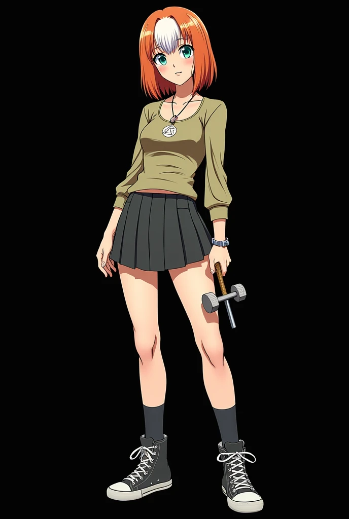 A full body image of an 1 girl named Hana Watanabe, personagem do anime "dragonball z", she is very beautiful, with medium length straight fire-colored hair with two white highlights in the front, framing your face. She has blue-green eyes and pale skin.. she is a Wiccan, she is in fighting pose. she wears a pentagram necklace, croped, glued skirt, beautiful women's high-top shoes and ¾-long socks, she holds a nail hammer and nails. It is drawn with Akira Toryama's animation. black backdrop.