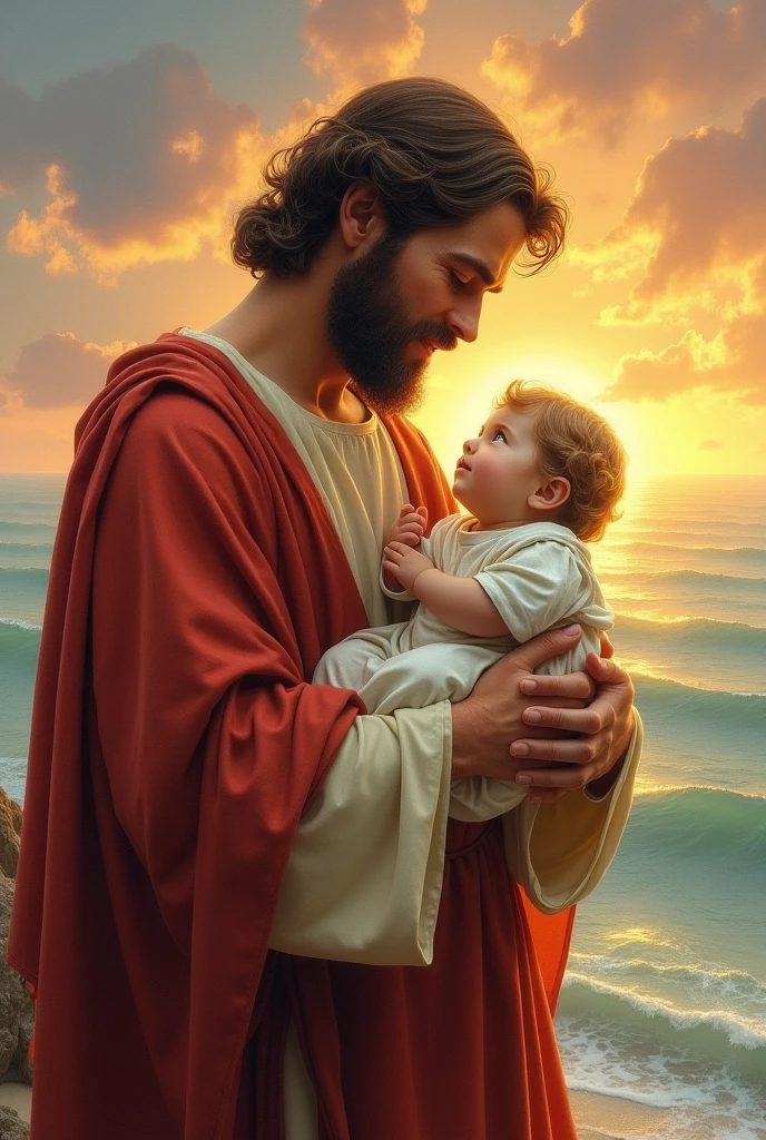 Bookmark of Saint Joseph holding Jesus in his arms, from beside, the sea with sunset