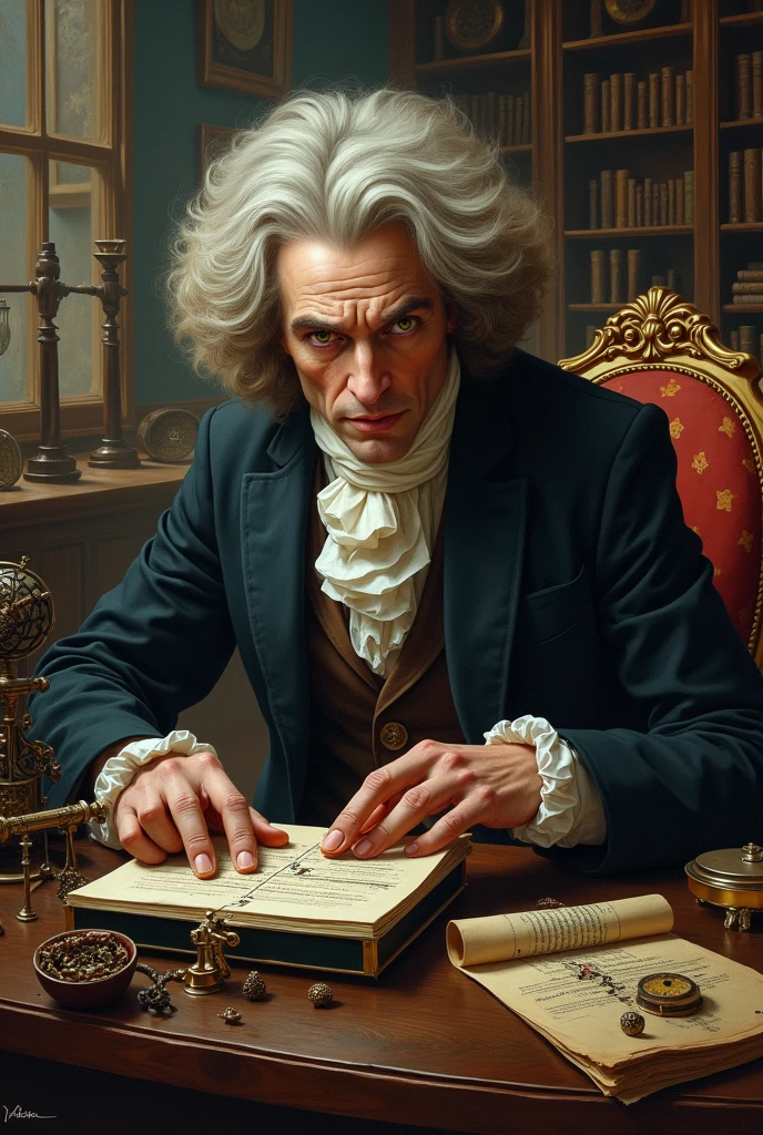Handsome crazy newton working on calculator wearing formal suit in a luxurious science lab with investigation strip