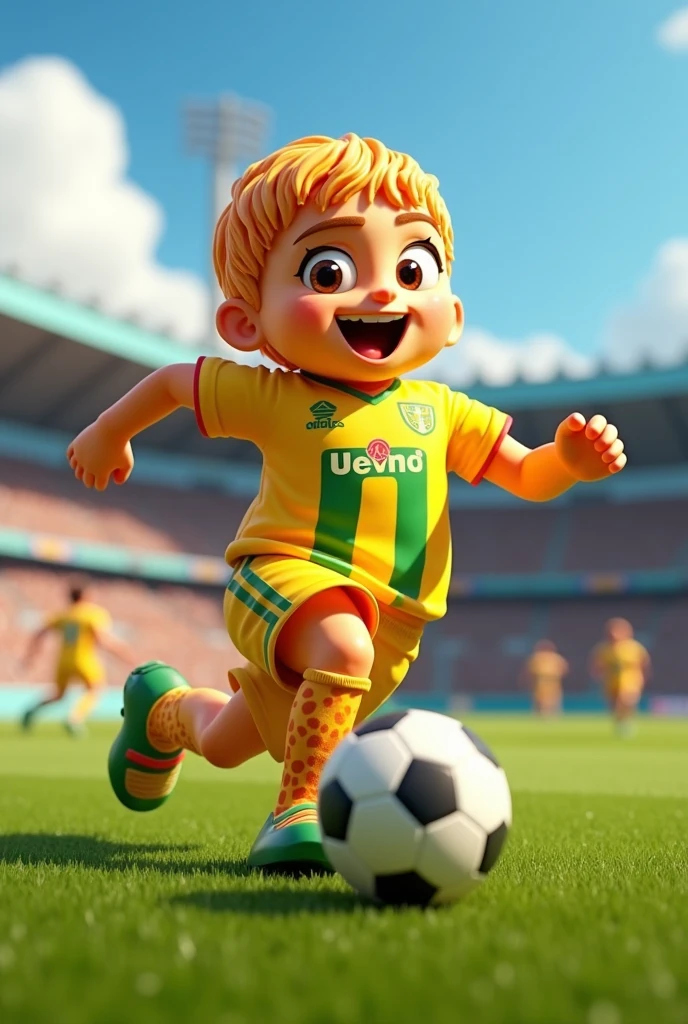 Create a 3D animated image of a churro, This churro must be playing a soccer game, must have the Atlético Bucaramanga uniform (the shirt is yellow, with three green lines and a cheetah in the middle of the shirt, The shorts are yellow and have green edges on the right side and have a cheetah 