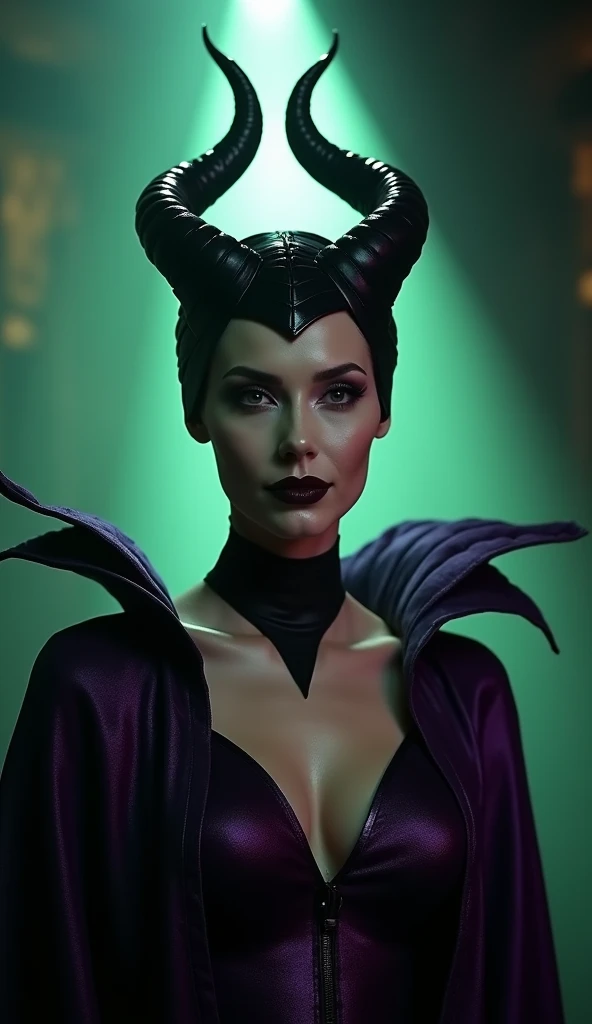 Maleficent, a vision of exotic unworldly beauty and power, emphasis on her horns, extra long horns, purple highlights, purple reflected light, in the nude, hyper realistic, real portrait, backlit, exquisite features, cleavage, unnatural light, soft light, location is the interior of a dungeon, green light, eerie, purple highlights:1.4, she is smirking, she is busty, her chin is raised, looking down at viewer, low angle shot, exquisite features, exotic, high cheekbones, show her full horns