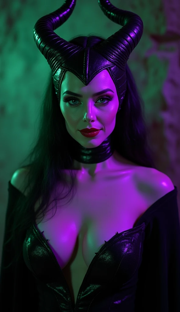 Maleficent, a vision of exotic unworldly beauty and power, emphasis on her horns, extra long horns, purple highlights, purple reflected light, in the nude, hyper realistic, real portrait, backlit, exquisite features, cleavage, unnatural light, soft light, location is the interior of a dungeon, green light, eerie, purple highlights:1.4, she is smirking, she is busty, her chin is raised, looking down at viewer, low angle shot, exquisite features, exotic, high cheekbones, show her full horns