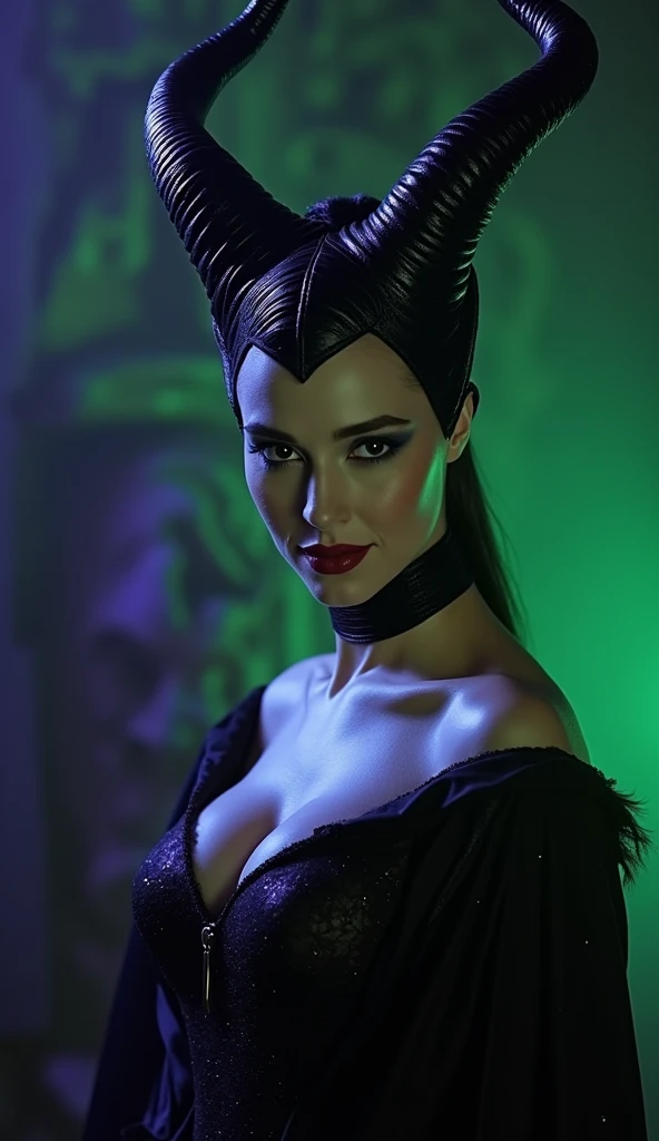 Maleficent, a vision of exotic unworldly beauty and power, emphasis on her horns, extra long horns, purple highlights, purple reflected light, in the , hyper realistic, real portrait, backlit, exquisite features, cleavage, unnatural light, soft light, location is the interior of a dungeon, green light, eerie, purple highlights:1.4, she is smirking, she is busty, her chin is raised, looking down at viewer, low angle shot, exquisite features, exotic, high cheekbones, show her full horns