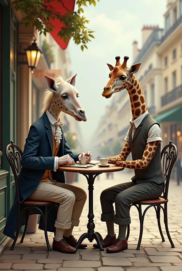 create a 2d art of lamark having coffee with a giraffe