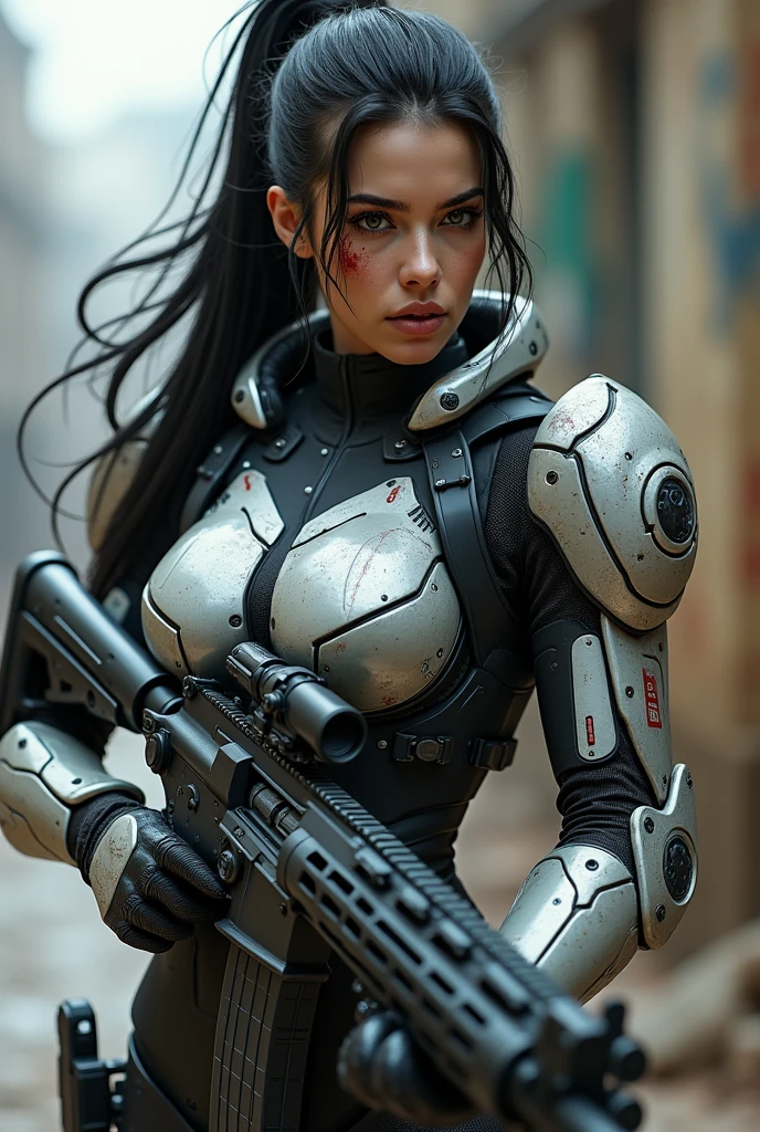 (realism 1.1) beautiful girl big breasts, slim waist, black hair, silver eyes, low hair bun, light blush makeup, blood splatter on face wearing Mjolnir powered armor holding MA5B assault rifle