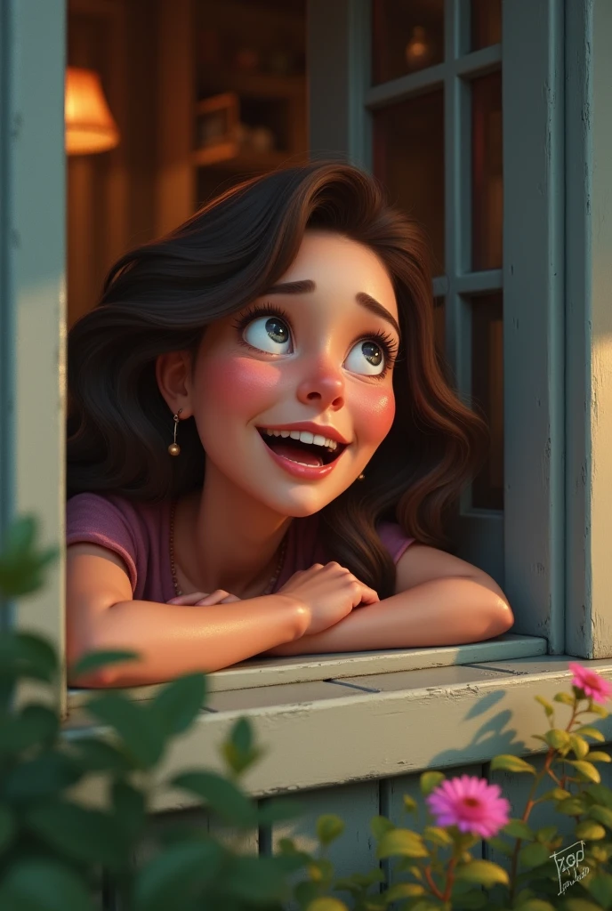 From outside a house you can see a woman looking out the window, Looking out, very happy and amazed, she is so amazed by what she sees that she has half her body leaning out the window.
