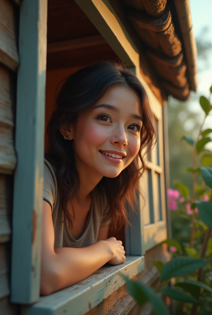 From outside a house you can see a woman looking out the window, Looking out, very happy and amazed, she is so amazed by what she sees that she has half her body leaning out the window.