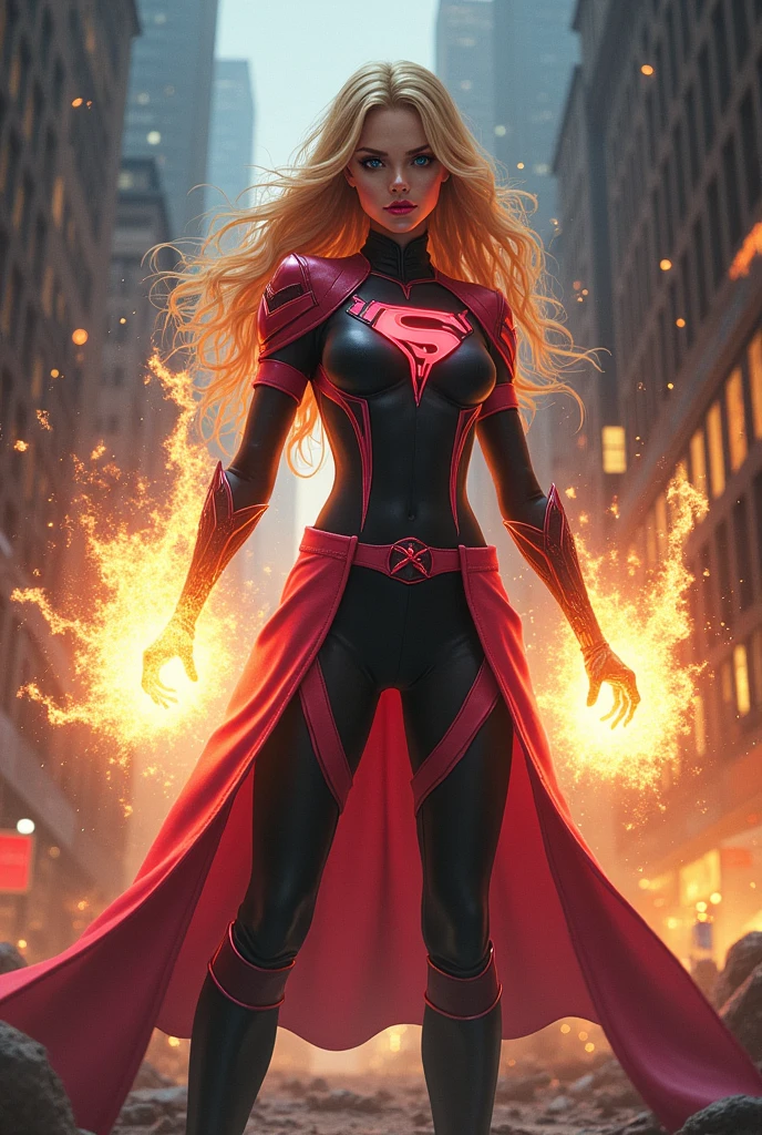 Full body image of an Evil teenage girl with immense power.  Blonde hair and blue eyes, long legs, and glossy pink lips curled into a sadistic smile as she devastates Detroit with overwhelming energy blasts. 