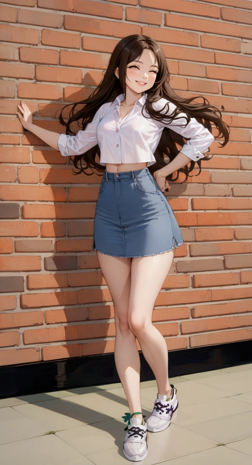realistic anime illustration of smiling pretty woman is smiling near brick wall, she has long wavy hair (+forehead), wearing white 3/4 sleeve collared unbuttoned top shirt, gray denim pencil, white sneakers, (1girl, solo,full body), (masterpiece, best quality, japanese anime style),