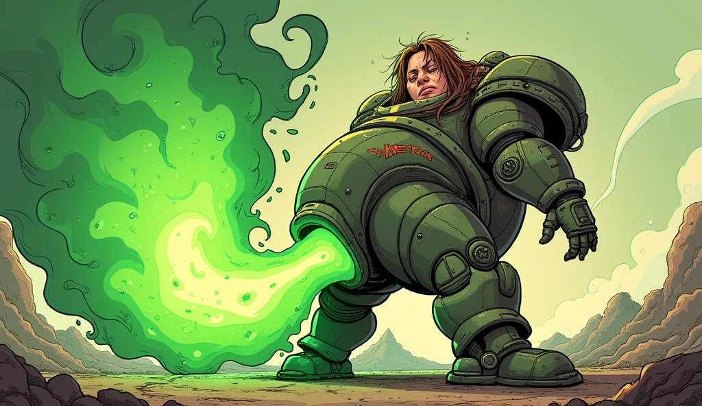 Long haired Obese female woman wearing metroid-esque armor farting and releasing green stinky gas from her bottom, comic book artstyle