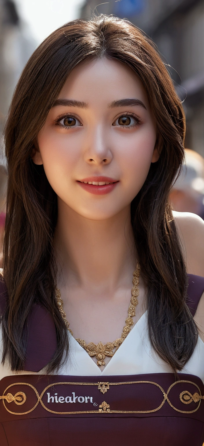 ((best quality, 8k, head of'artwork :1.3)), 1fille, souriant, tout le corps, visage mince, A pretty woman, (dark brown hair), full length dress :1.1, ultra detailed face, detailed eyes, double eyelid, Blurred background, visage mince, Ville, dehors, street,