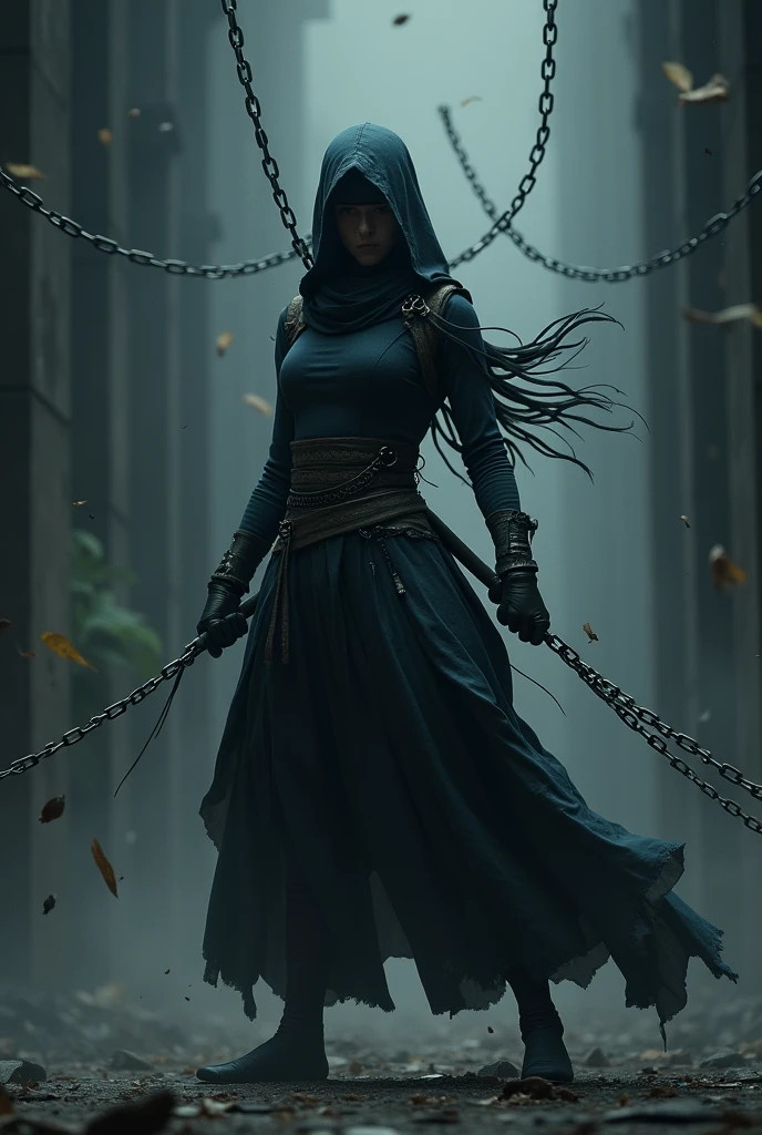 a female ninja in a dark atmosphere, chains flying out from all directions, chains as main weapon, randomized chain movements, chains flying towards the viewer, strong depth of field