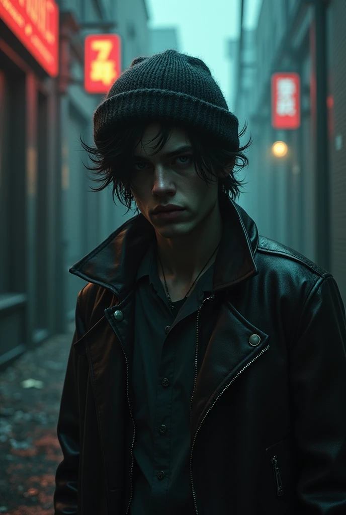 Jughead-like character from Riverdale, more realistic and dark