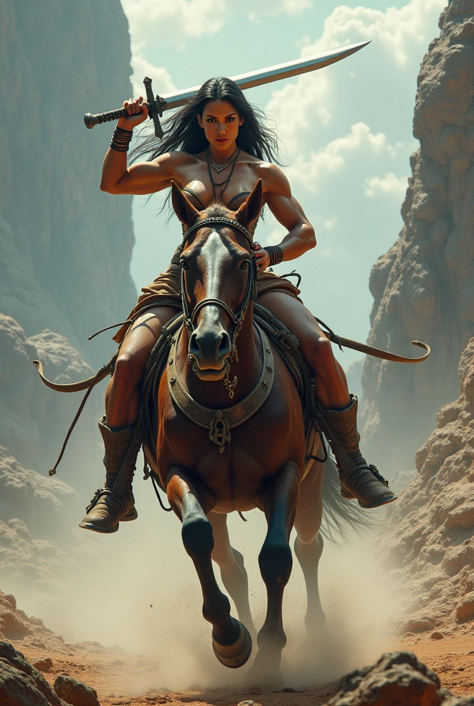 arafed woman riding a horse with a sword in her hand, muscular warrior women, muscular ultraviolent woman, muscular girl, muscular! fantasy, muscled, feminine and muscular, muscular!! sci-fi, muscle, muscular!!, massive muscles, muscular!, bursting with muscles, muscular!!!, big muscles, extreme muscles, muscular, large muscles, muscles