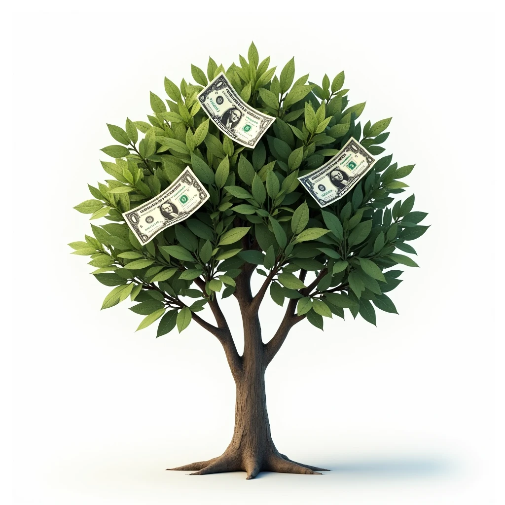Realistic Money Tree, white background, with only 4 dollar bills growing like fruits, no sheets just notes instead of sheets.