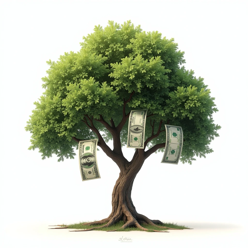 Realistic Money Tree, white background, with only 4 dollar bills growing like fruits, no sheets just notes instead of sheets.