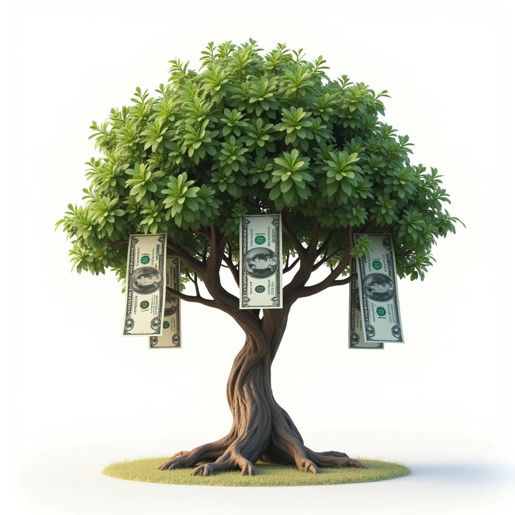 Realistic Money Tree, white background, with only 4 dollar bills growing like fruits, no sheets just notes instead of sheets.