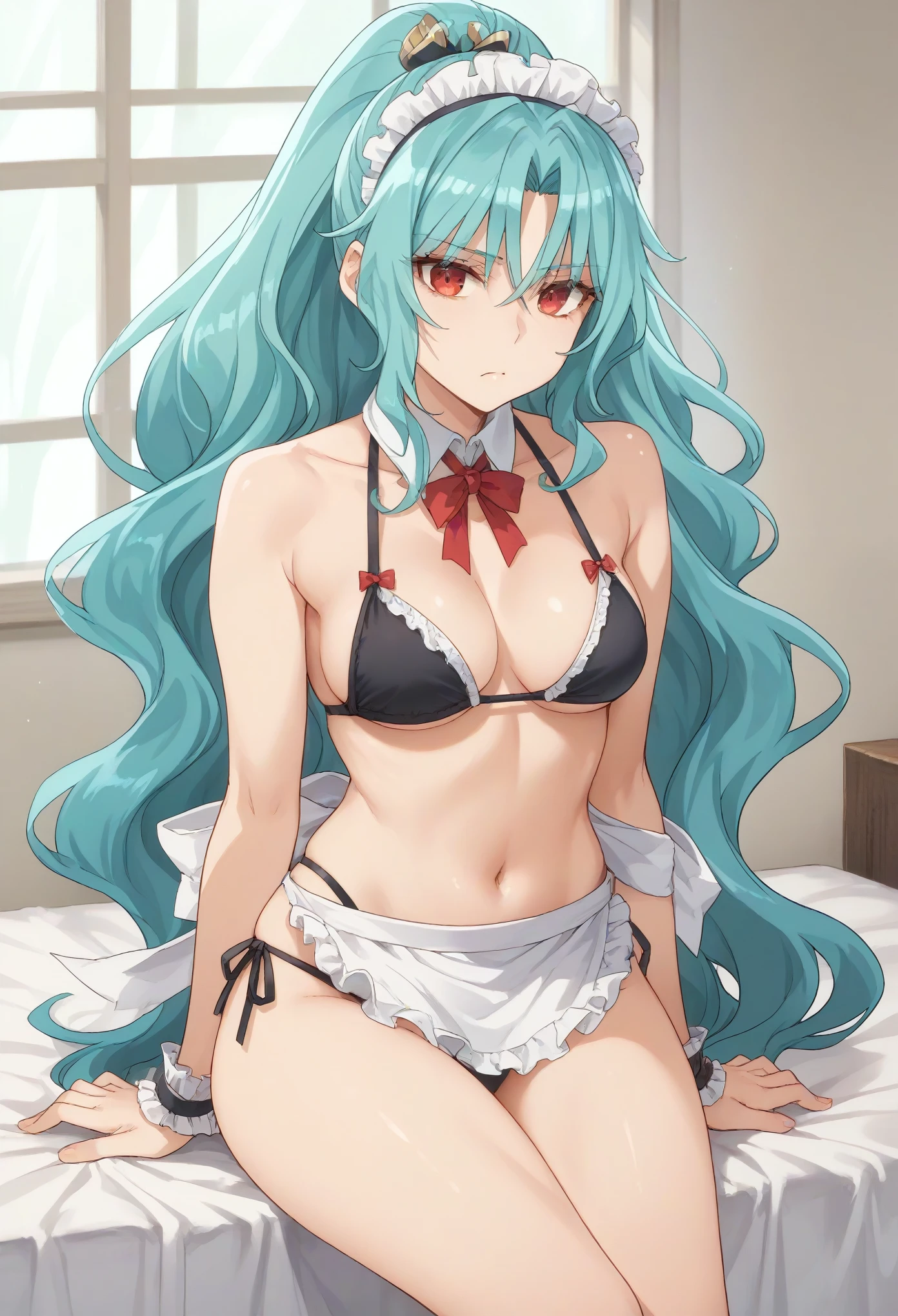 (negative_v2 Color_Balance_Calibration:0.8),long hair aqua hair ponytail red eyes,((maid bikini)),lean