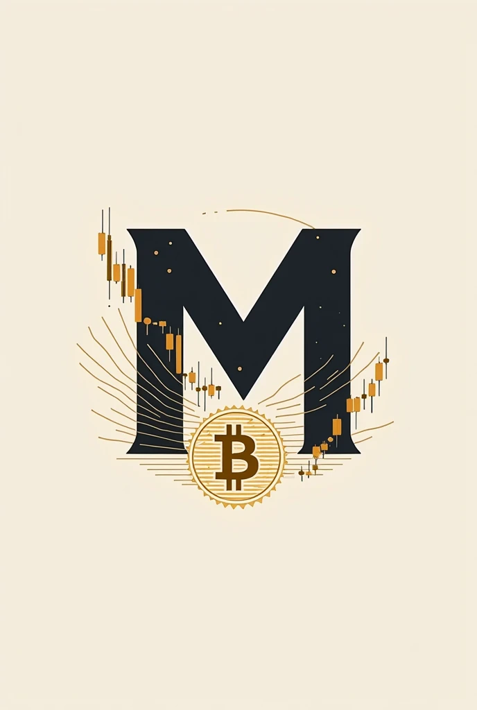A logo with the letter M, Bitcoin and a Japanese candles

