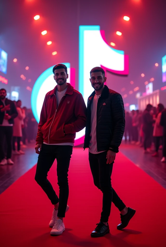 Two men on a red carpet at a TikTok party In front of them is a TikTok symbol.