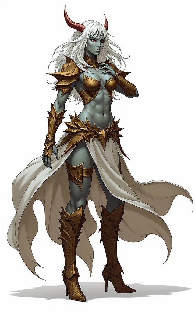 female warrior, gray skin, White hair, fantasy anime style, with a white horn with a red tip on the right side of the head, naked, with her legs open showing her vagina and touching a breast