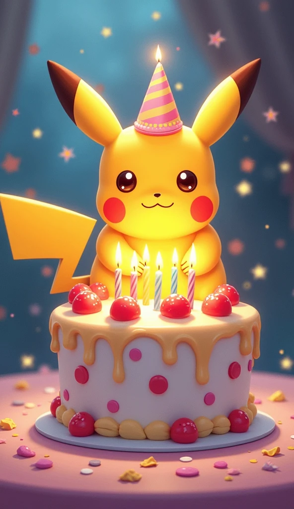 A fantastic illustration，Cute Pikachu birthday cake, Lovely birthday , Blessings from the princess､ Amazing, Unbridled fantasies, Colored pencils, muted pastels, Vibrant colors, captivating lighting, Whimsical atmosphere, Happy birthday theme background, Magical surrealism, Mysterious Shadows, Fluffy marshmallow clouds, Engaging details, curious onlookers, An expression of happiness, Mystery and wonder, uplifting mood,Bright background, Delicate brushstrokes, Fantasy world, Happy characters, Pleasant smile, Luminism, Hyperrealism, Ghibli-like colours, first-person view, UHD, anatomically correct, textured skin, masterpiece, high details, super detail, highres