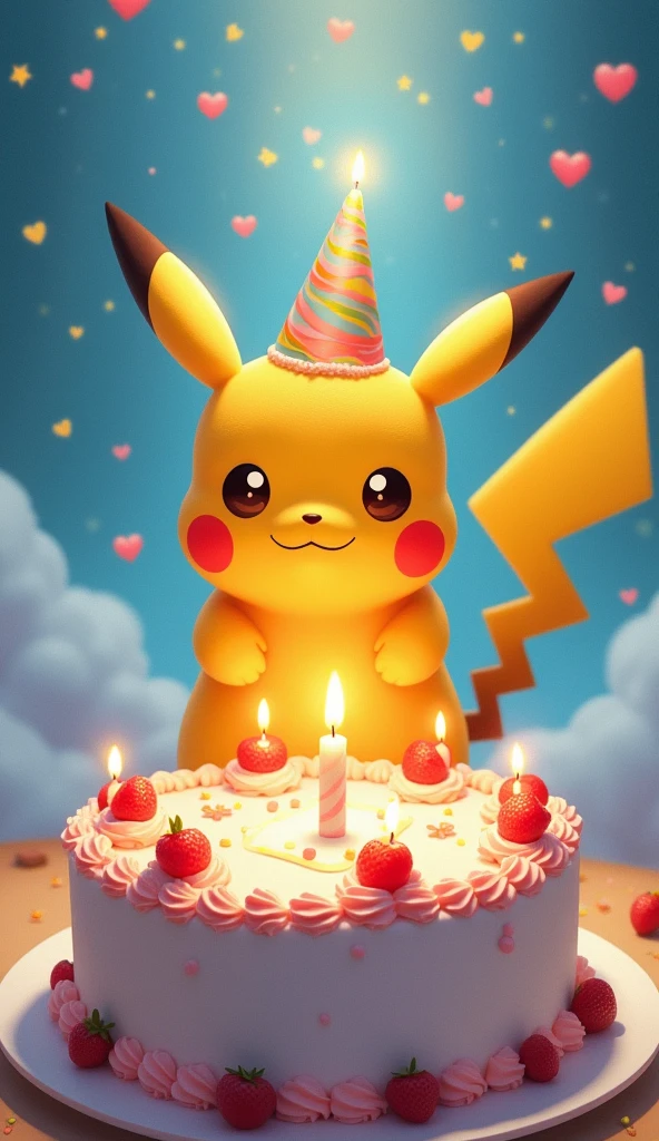 A fantastic illustration,Cute Pikachu birthday cake, Lovely birthday , Blessings from the princess、 Amazing, Unbridled fantasies, Colored pencils, muted pastels, Vibrant colors, captivating lighting, Whimsical atmosphere, Happy birthday theme background, Magical surrealism, Mysterious Shadows, Fluffy marshmallow clouds, Engaging details, curious onlookers, An expression of happiness, Mystery and wonder, uplifting mood,Bright background, Delicate brushstrokes, Fantasy world, Happy characters, Pleasant smile, Luminism, Hyperrealism, Ghibli-like colours, first-person view, UHD, anatomically correct, textured skin, masterpiece, high details, super detail, highres