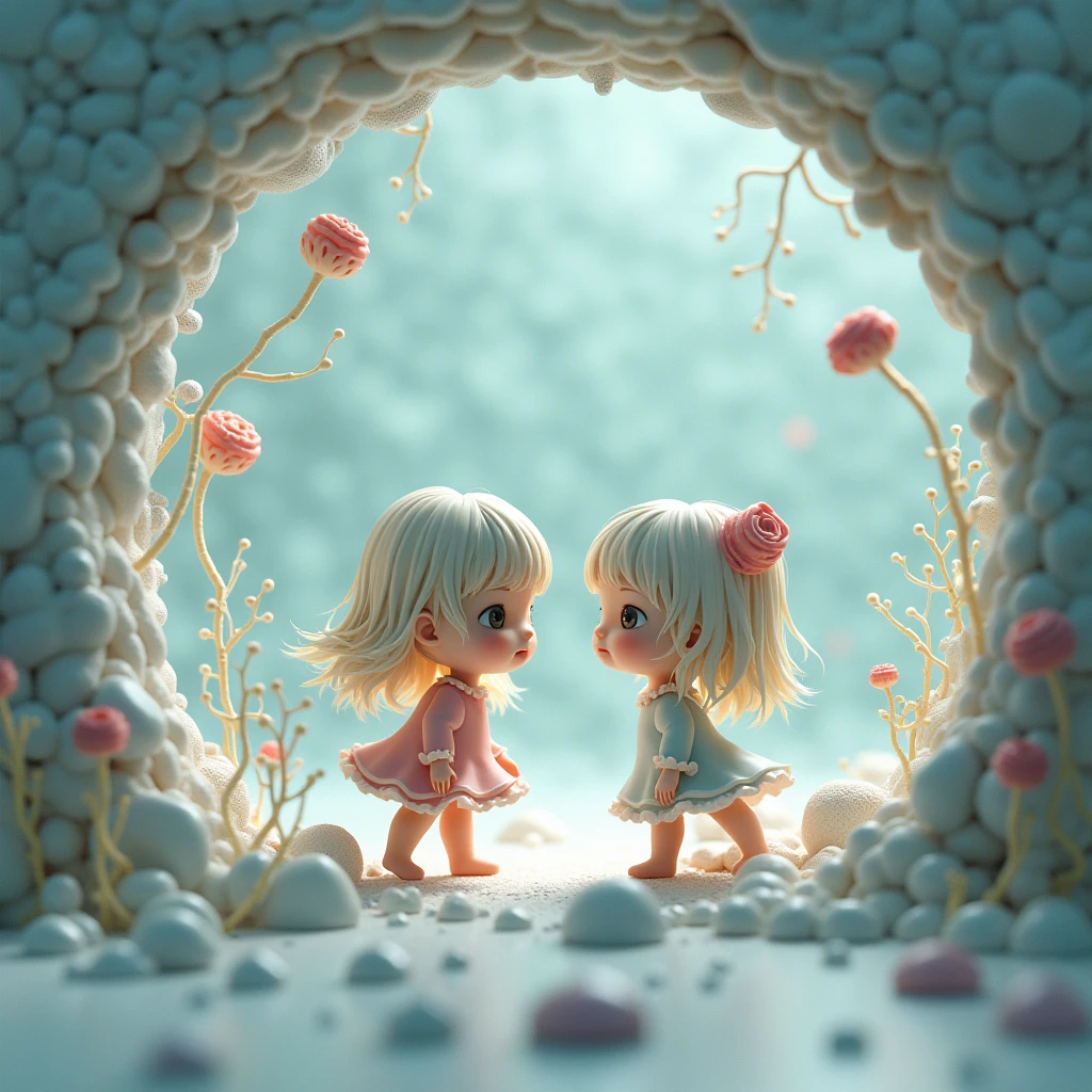 Images captured under an electron microscope show chibi girl characters trying to convey something, round cropped image, conceptual installation art, (ultra detailed, absolutely resolution, best quality:1.3), 2.5D, delicate and dynamic effects, artistic, hyper, graphic CG digital fantasy art