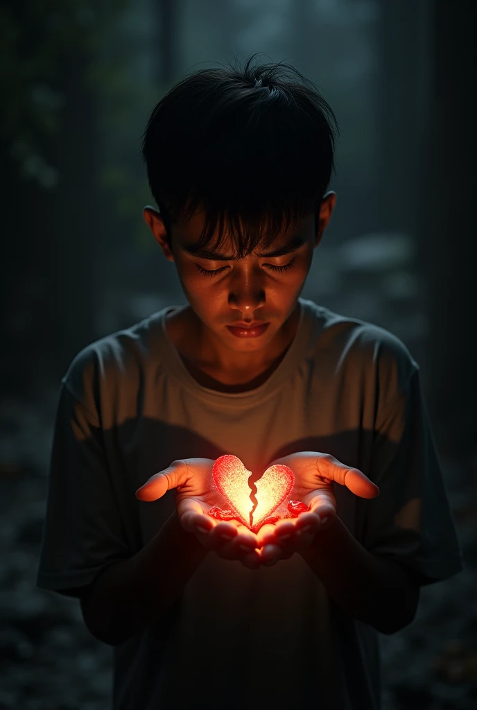 A young man with brown skin and short hair holding a broken and sad heart in a dark place