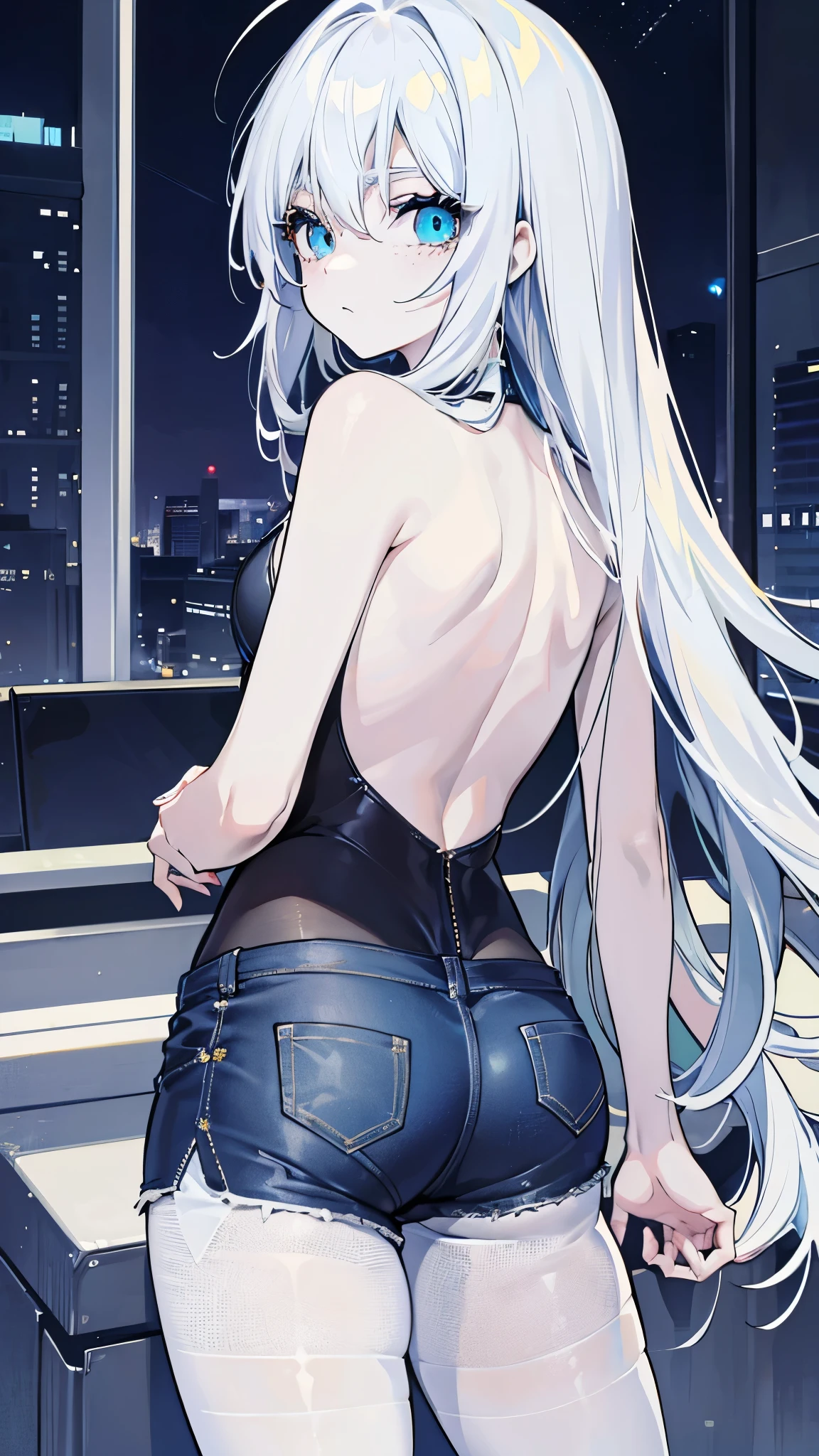 8k, top quality, long platinum hair, freckles, azure eyes, slim body, demin shorts, top, Urban, white skin, pantyhose，Back
