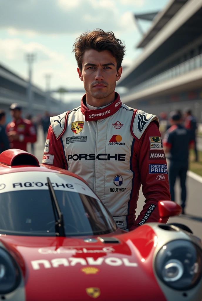 (Photorealism:1.2), Porsche Cup male driver with brown hair and eyes in front of the pitlane 8k ultra realistic