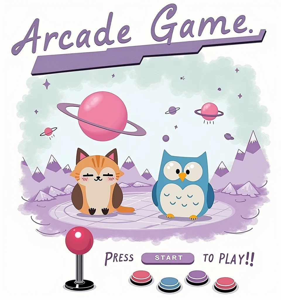 create spectacular art. The image is a stylized graphic with a pastel color palette., predominantly in shades of pink, purple and blue. no topo central, There's the text "Arcade Game" in a fun font with a slight shadow effect. Below this text, ((there are two cartoon style squishmallow animals: to the left, a cat with orange and white fur and closed eyes that suggest contentment; On the right, an owl with blue and white feathers and big round eyes. Both animals are sitting.)), No fundo, there are graphics that resemble mountains in various shades of purple with white outlines that give them a geometric appearance "metaverse style". Above these mountains, float three small spaceships and one larger ship. There is also a large pink planet-like object with rings around it.. Na parte inferior da imagem, there is an arcade game control panel with a joystick on the left side, which has a pink top and a light blue base. To the right of the joystick, there are four buttons: three smaller ones aligned horizontally in light pink colors, dark pink and blue, respectively; Beneath them, there is a larger button in dark pink. No canto inferior direito da imagem, there is additional text saying "PRESS START TO PLAY" inside a speech bubble shaped button design.